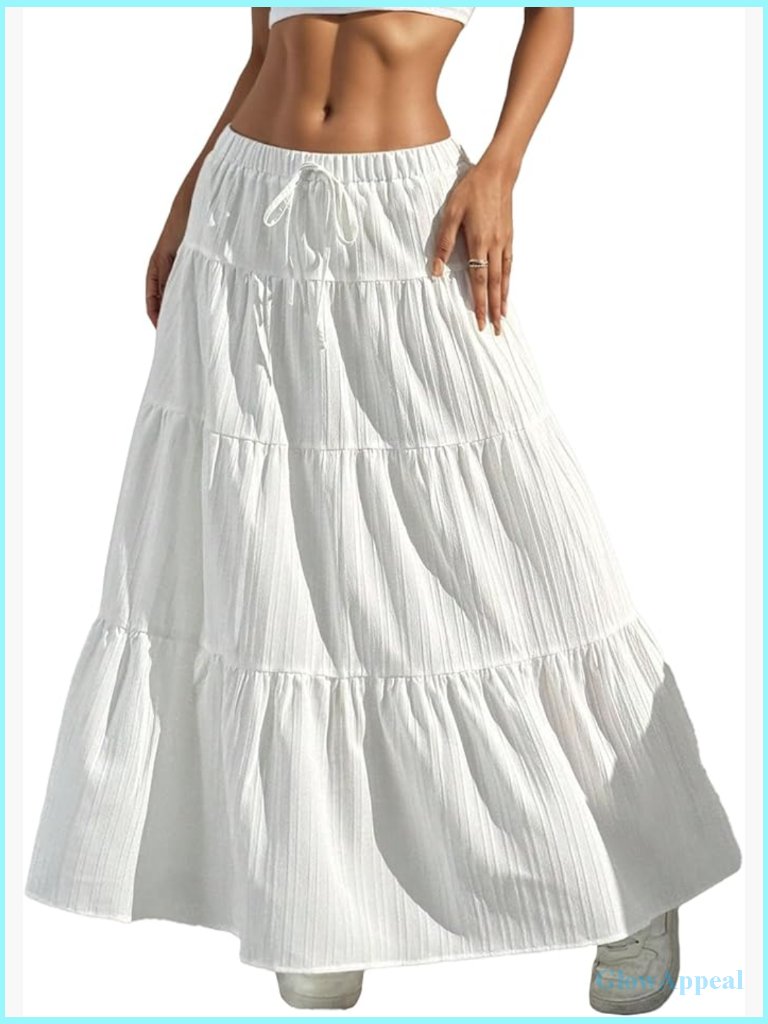 Flowy Maxi Skirt Elastic Waist Tiered Pleated A-Line Boho Long Skirt
